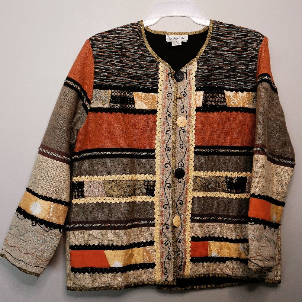 Vintage FLASHBACK Womens Patchwork Mixed Media Embellished Button Jacket Blazer